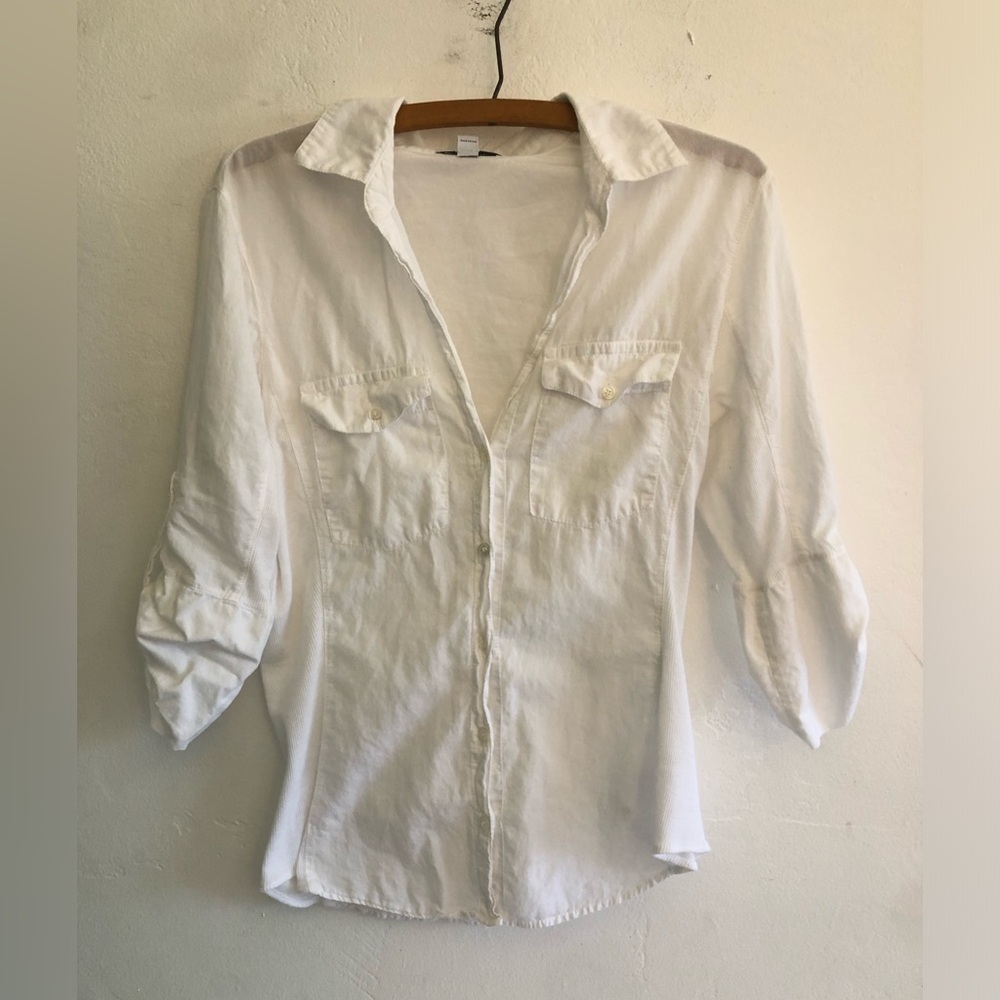 JAMES PERSE Roll Tab Sleeve Button Up Shirt Size 2 (M) White Minimalist